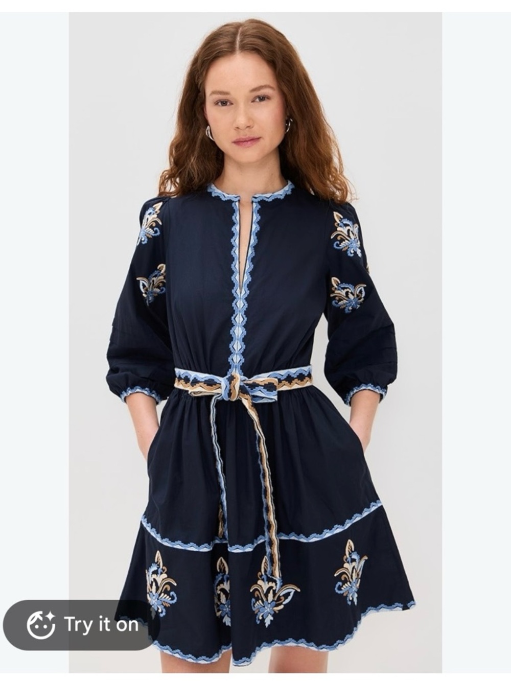 Shoshanna Barkley Dress Sz 6 Navy Embroidered Belted Boho Mini Dress